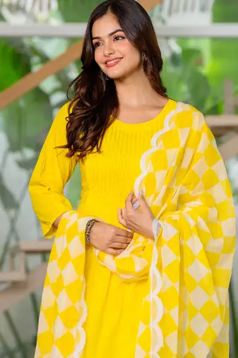 Yellow  embroidery cottan a-line kurta with trousers & dupatta