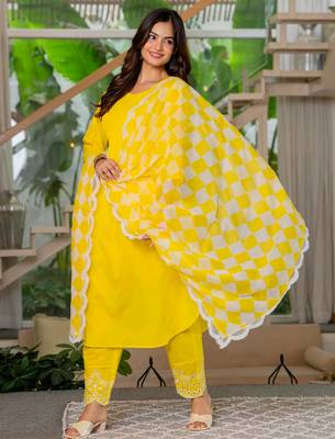 Yellow  embroidery cottan a-line kurta with trousers & dupatta 3