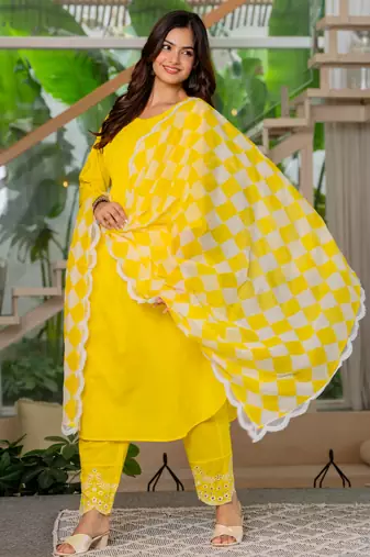 Yellow  embroidery cottan a-line kurta with trousers & dupatta