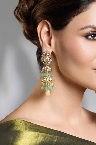 Gold plated kundan green stone earrings