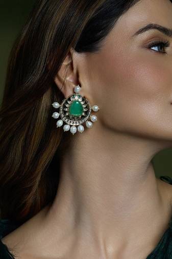 Gold plated kundan green stone earrings