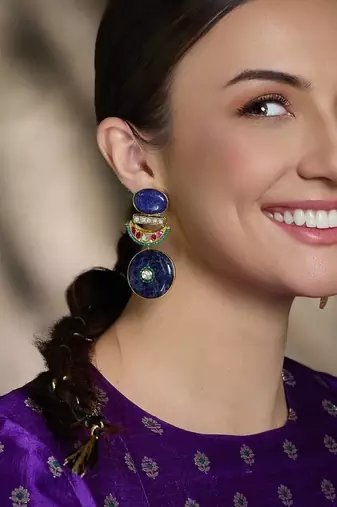 Gold plated kundan blue stone earrings