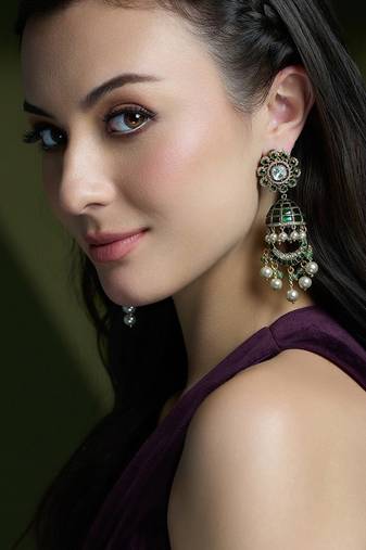 Gold plated kundan green stone earrings