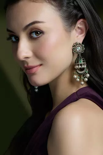 Gold plated kundan green stone earrings