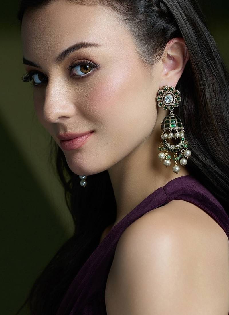 Gold plated kundan green stone earrings