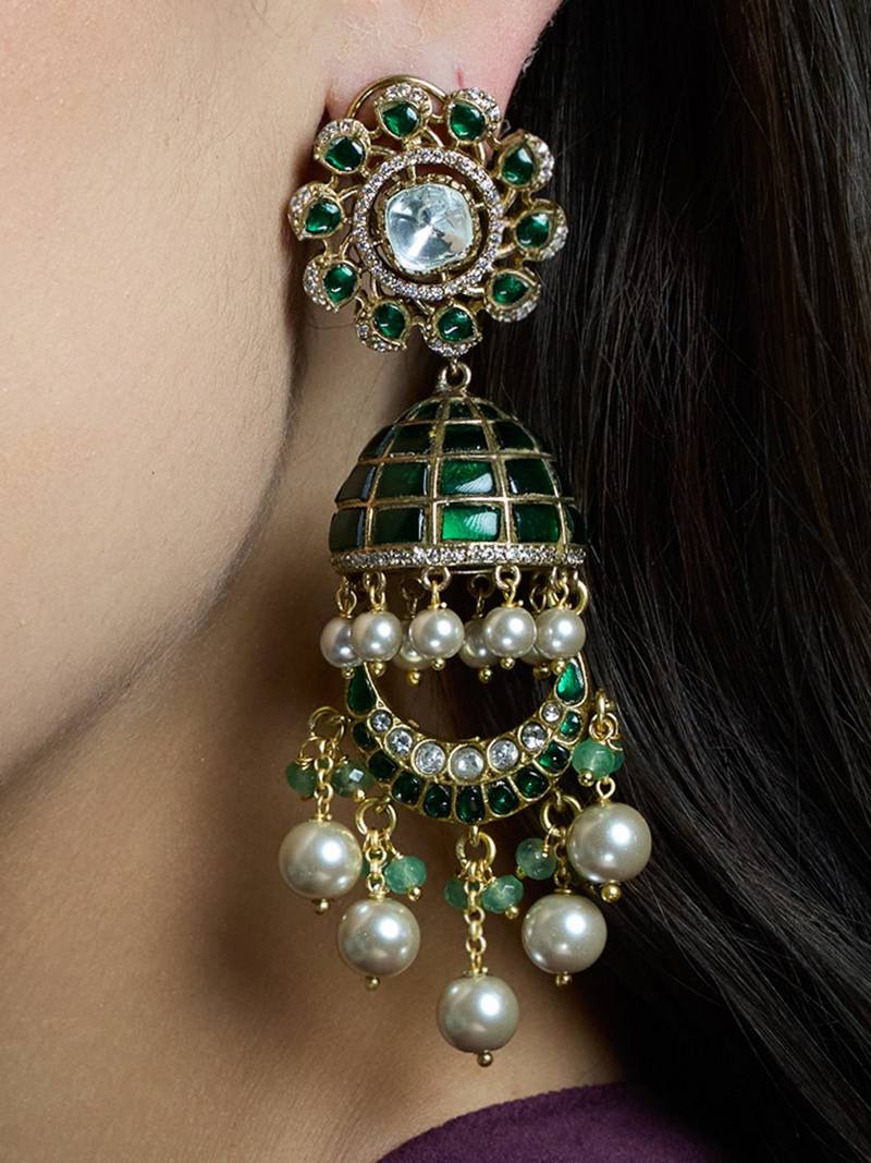 Gold plated kundan green stone earrings