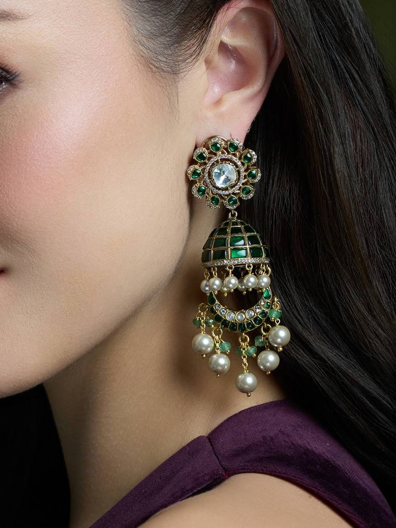 Gold plated kundan green stone earrings