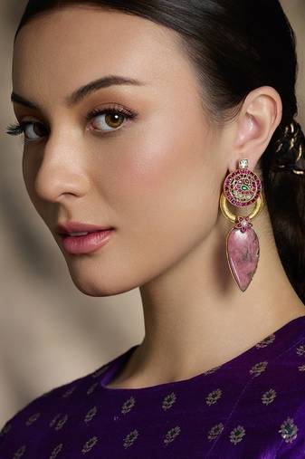 Gold plated kundan pink stone earrings