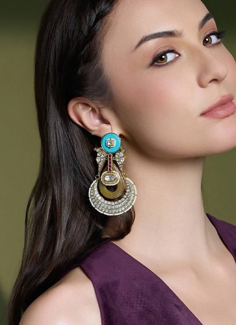 Gold plated kundan multicolor earrings