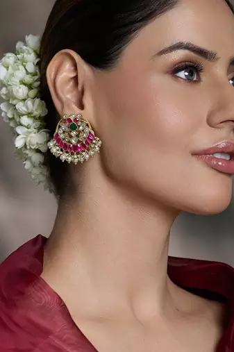 Gold plated kundan red stone earrings
