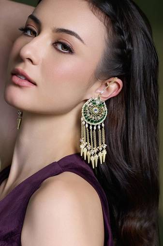 Gold plated kundan green stone earrings