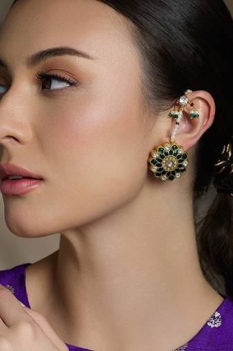 Gold plated kundan green stone earrings