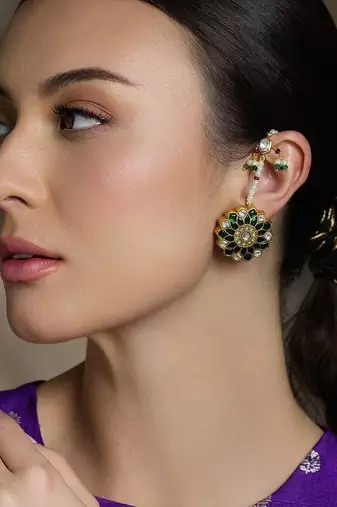 Gold plated kundan green stone earrings