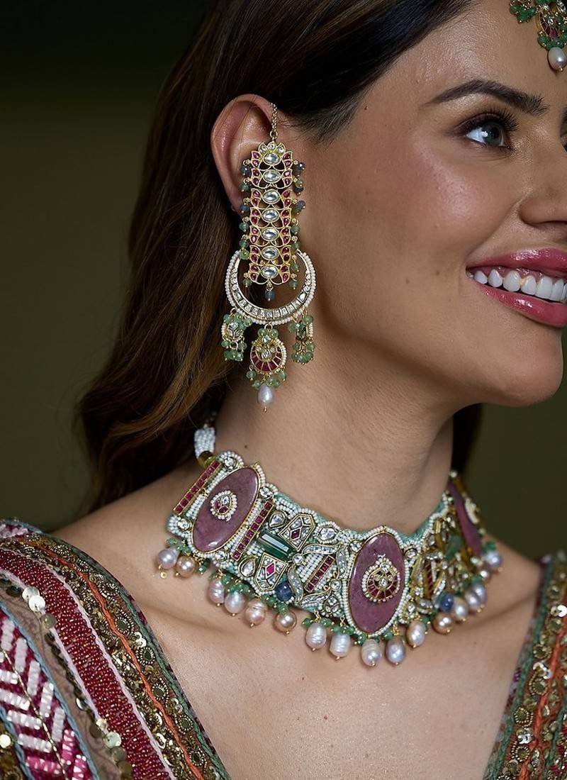 Gold plated kundan multicolor earrings