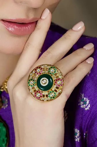 Gold plated kundan multicolor ring