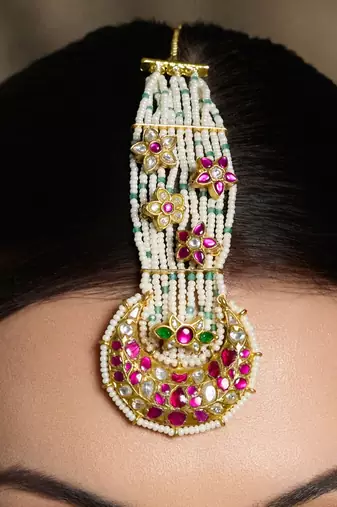 Gold plated kundan multicolor maang tikka
