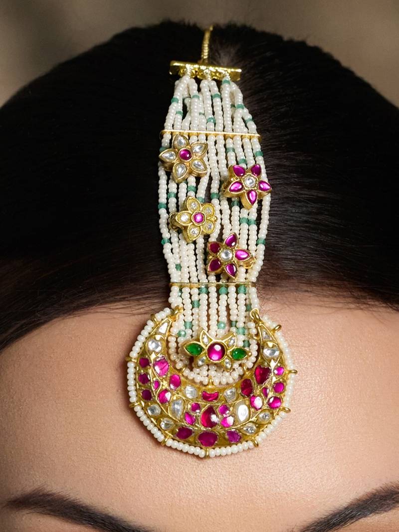 Gold plated kundan multicolor maang tikka