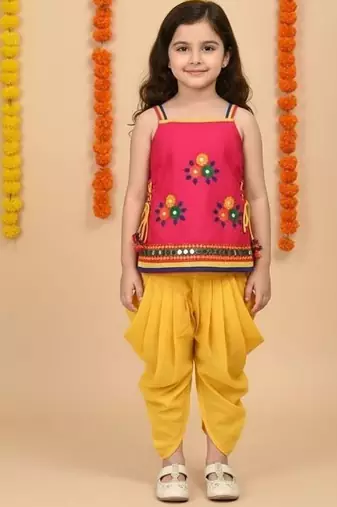 girls pink embroidered kurta with yellow dhoti