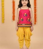 girls pink embroidered kurta with yellow dhoti