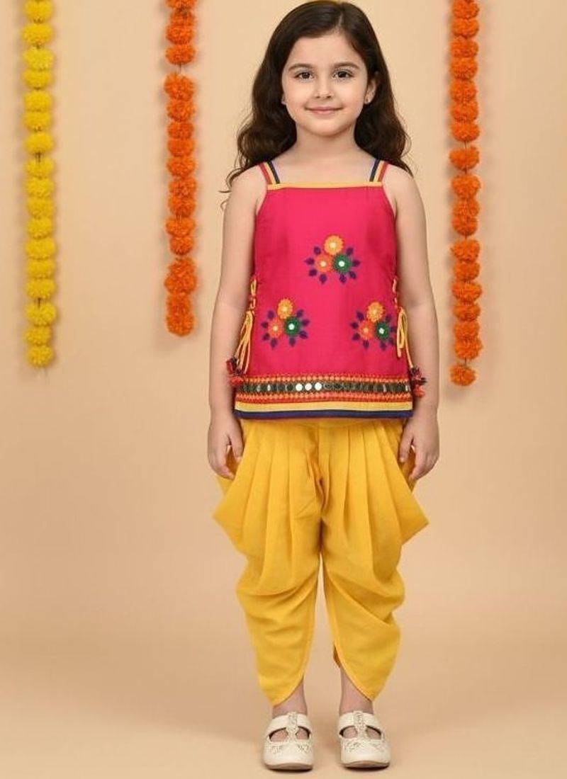girls pink embroidered kurta with yellow dhoti
