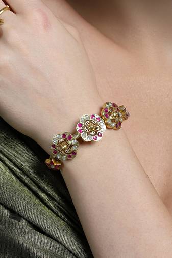 Gold plated kundan pink stone bracelet