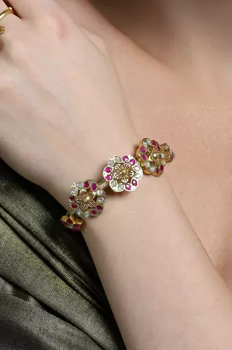 Gold plated kundan pink stone bracelet