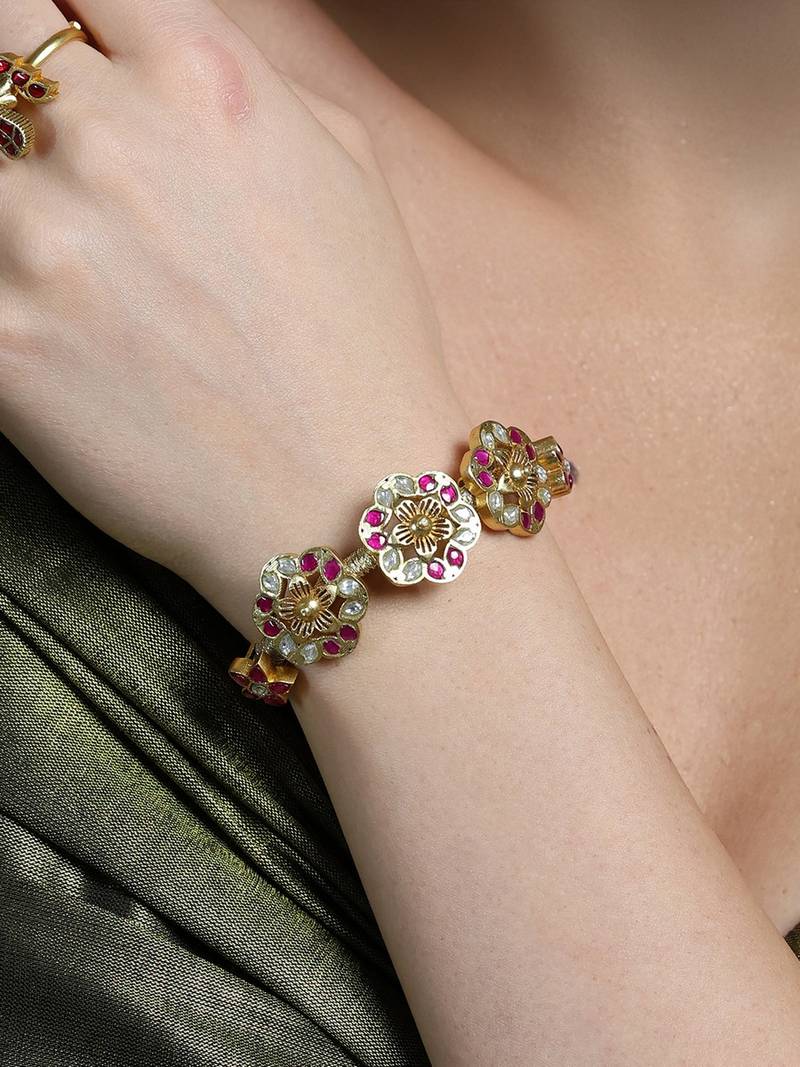 Gold plated kundan pink stone bracelet