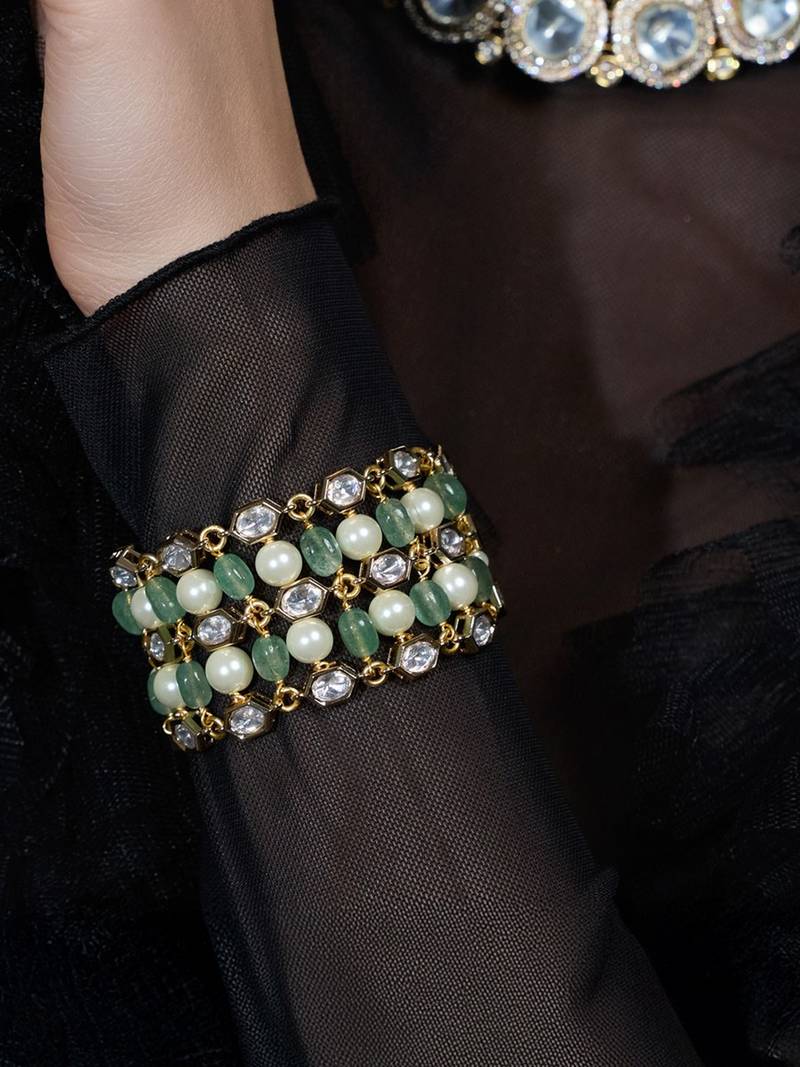 Gold plated kundan green stone bracelet
