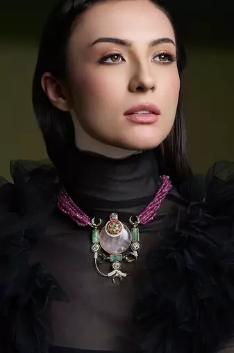 Gold plated kundan pink stone necklace