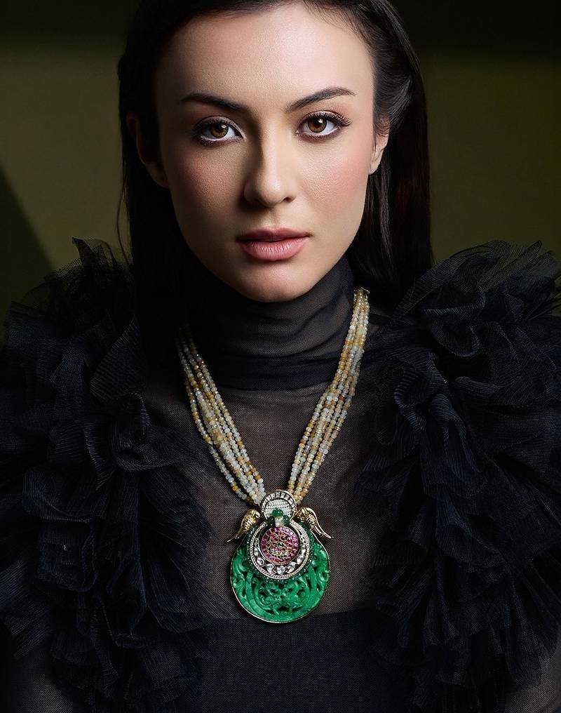 Gold plated kundan green stone necklace