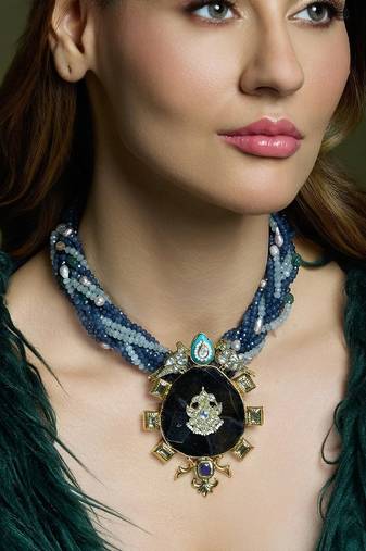 Gold plated kundan blue stone necklace