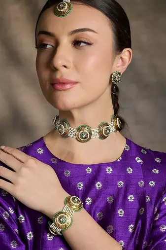 Gold plated kundan green stone necklace set