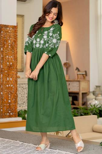 Green aaysa women ethnic anarkali embroidery pure cotton kurta