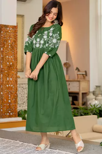 Green aaysa women ethnic anarkali embroidery pure cotton kurta