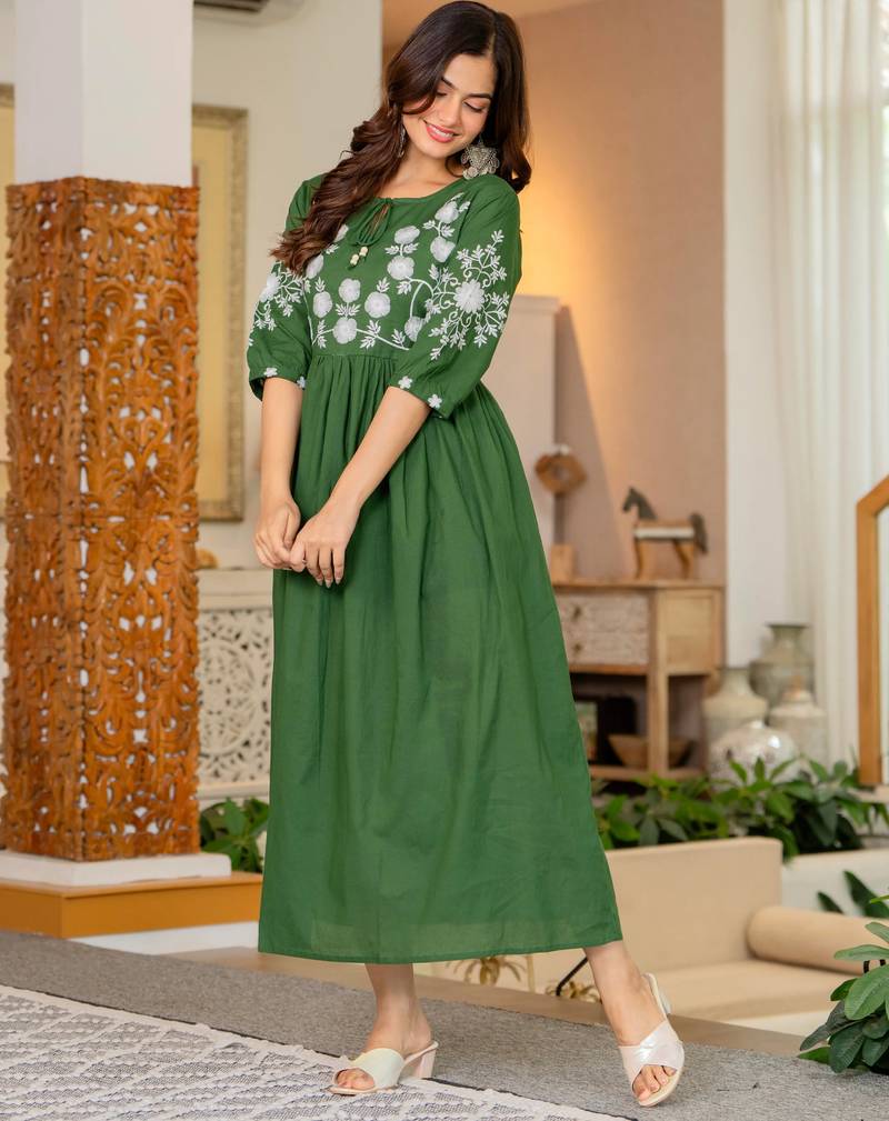 Green aaysa women ethnic anarkali embroidery pure cotton kurta