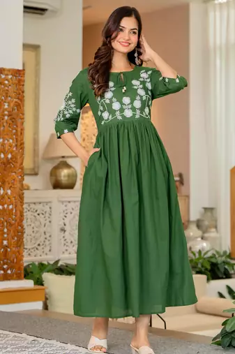 Green  women ethnic anarkali embroidery  cotton kurta