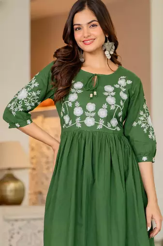 Green  women ethnic anarkali embroidery  cotton kurta