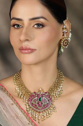 Gold plated kundan pink stone necklace