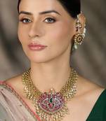 Gold plated kundan pink stone necklace