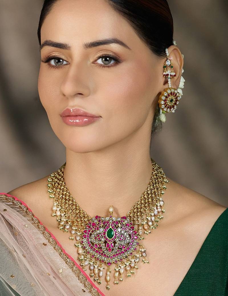 Gold plated kundan pink stone necklace