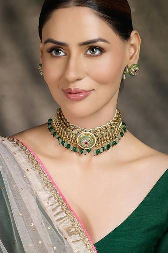 Gold plated kundan green stone choker necklace set