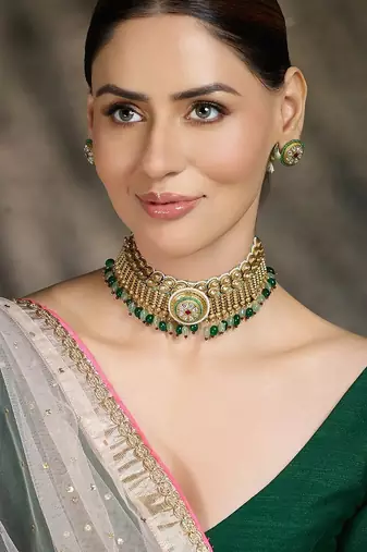 Gold plated kundan green stone choker necklace set