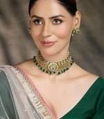 Gold plated kundan green stone choker necklace set