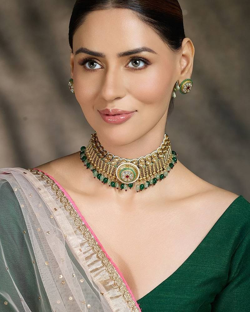 Gold plated kundan green stone choker necklace set