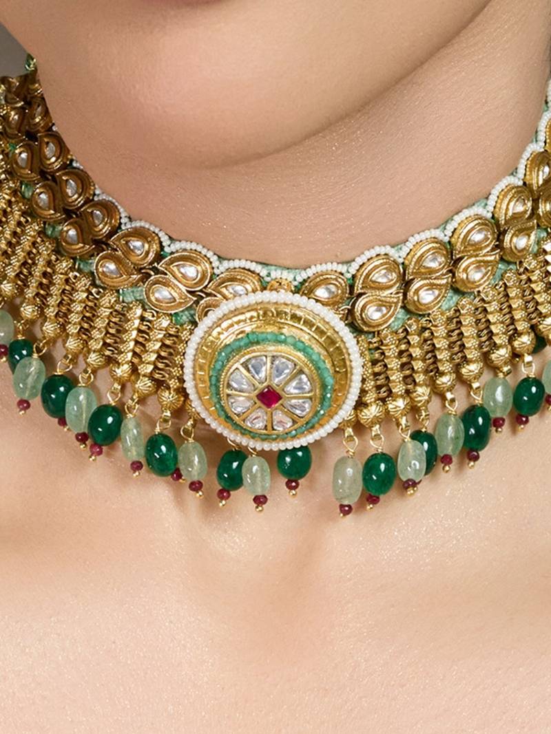 Gold plated kundan green stone choker necklace set
