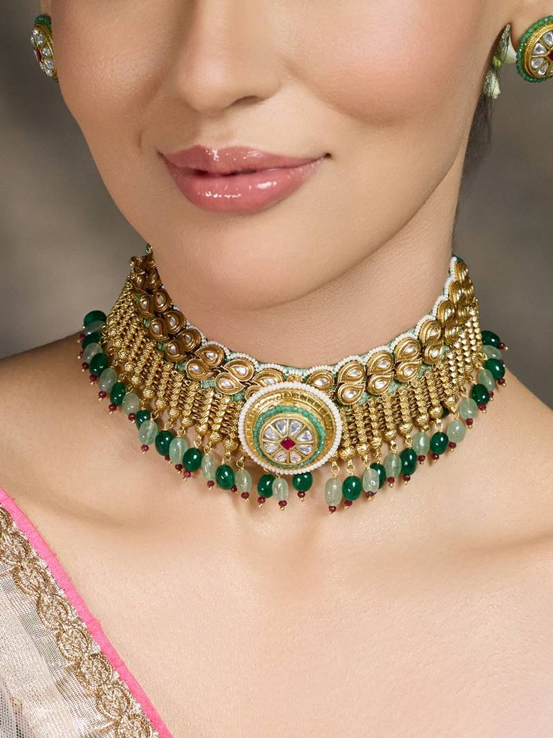 Gold plated kundan green stone choker necklace set