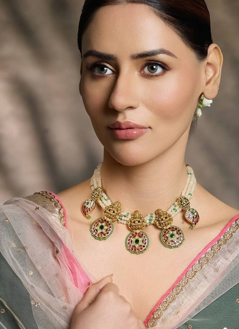 Gold plated kundan multicolor necklace