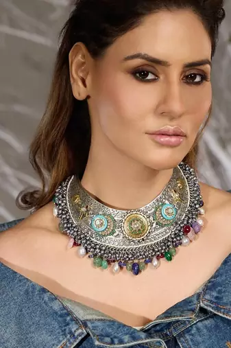 Silver plated kundan multicolor necklace