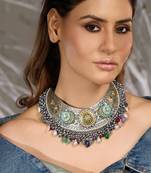 Silver plated kundan multicolor necklace