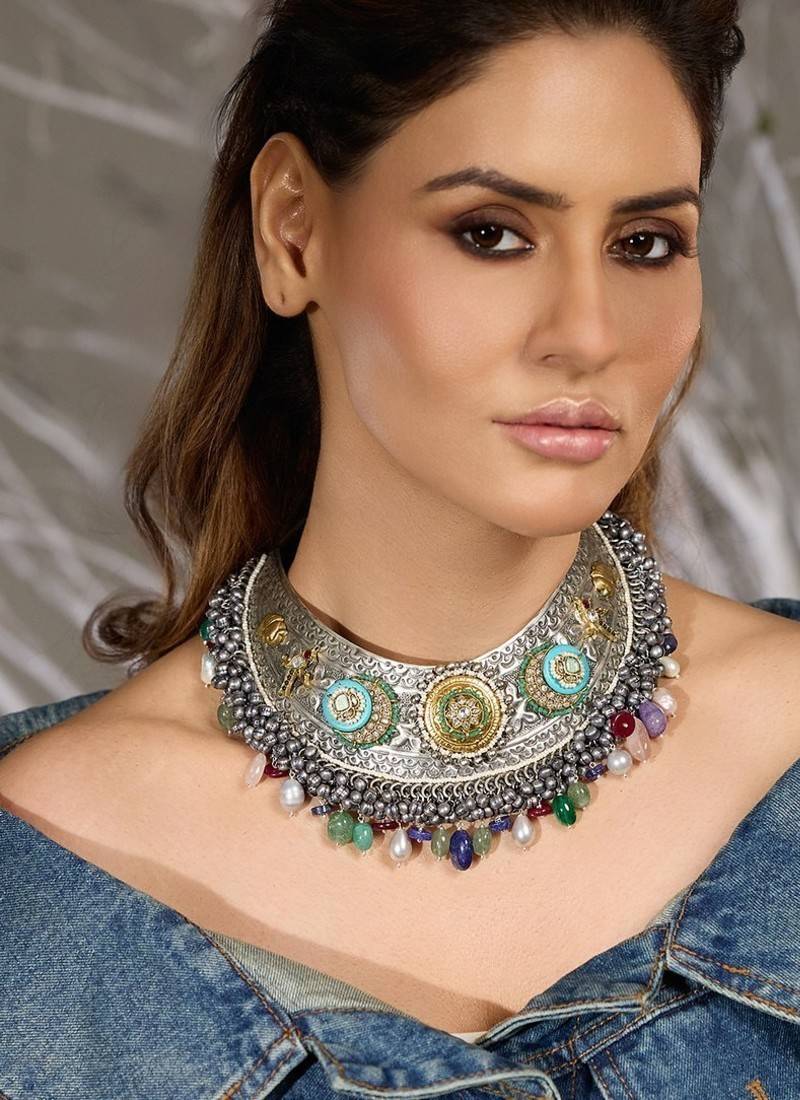 Silver plated kundan multicolor necklace